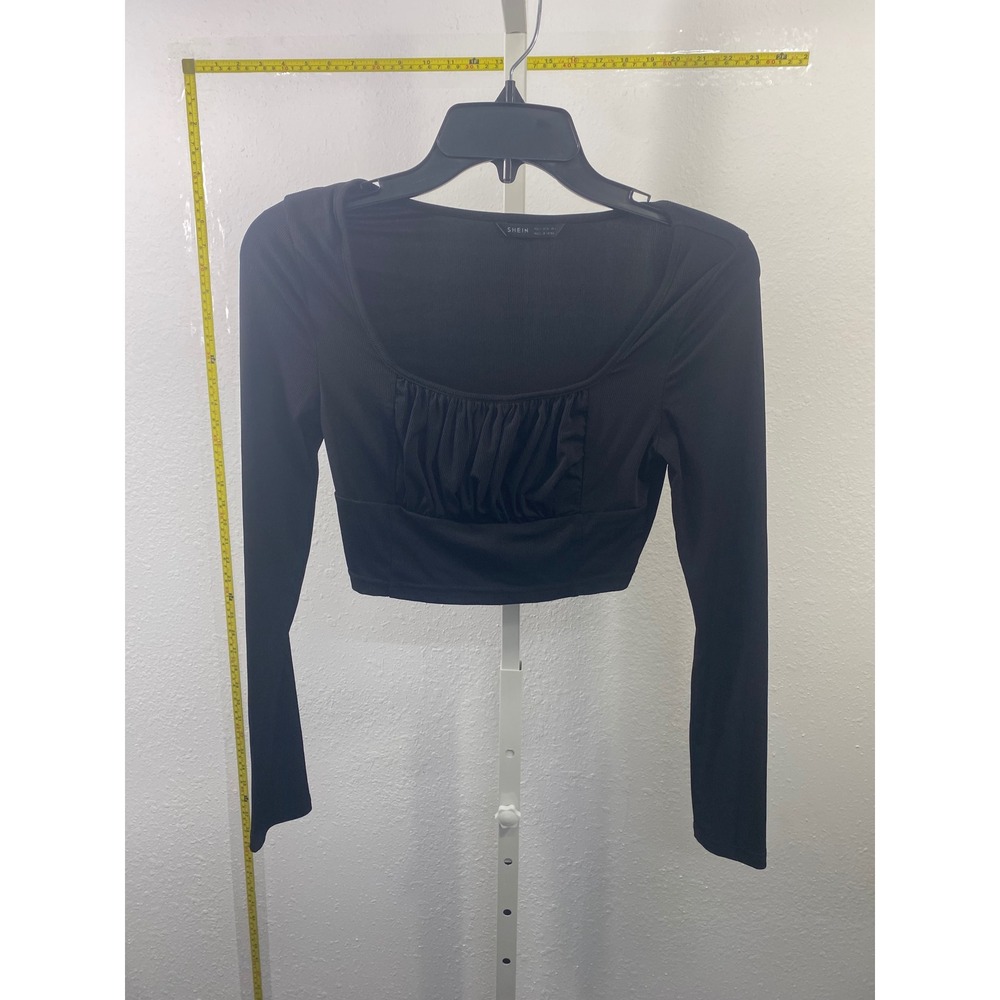 SHEIN Black Ribbed Long Sleeve Crop Top Ruched Bust Square Neck Small US 4